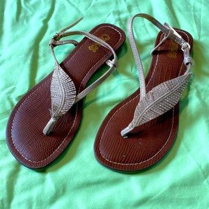 Carlos tan gold feather bling tiny wedge bling sandals